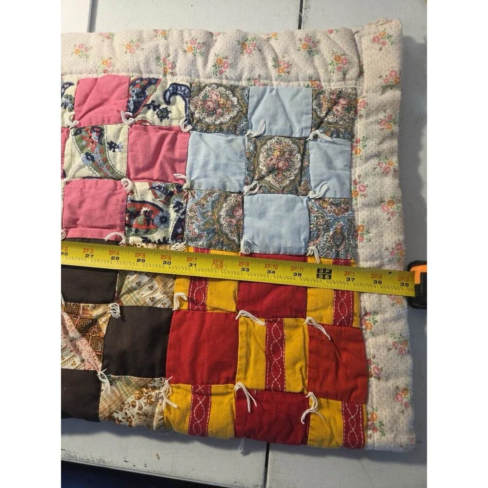 Vintage 1970’s handmade Patchwork quilt-Mod fabric squares Disney-White Backing